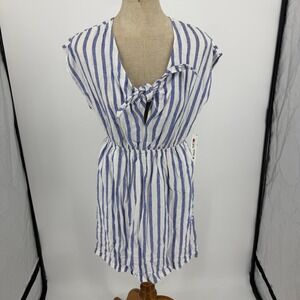 AQUA Dress Womens XS Blue White Striped Linen Blend Tie Front Cap Sleeve Summer